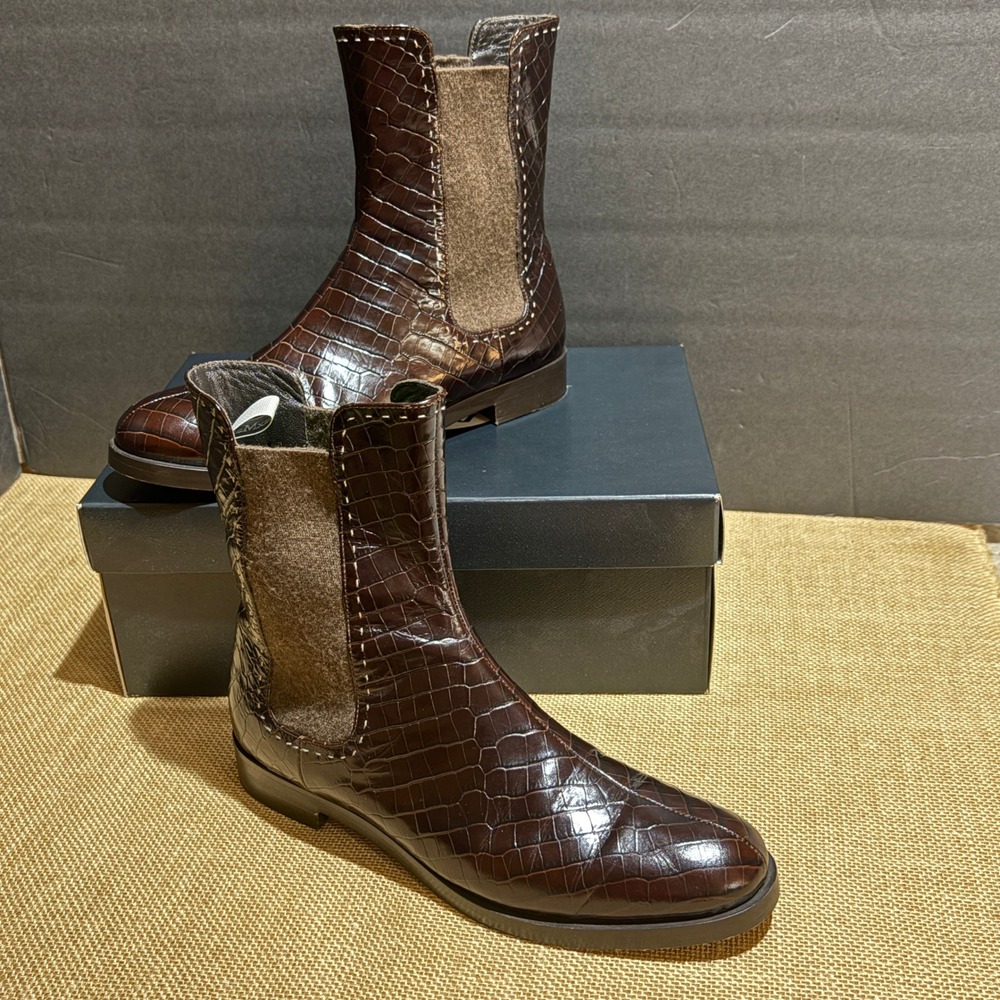 Max Mara Women Chelsea Ankle Boots 39 Croc Embossed 8.5 Leather Italy Equestrian